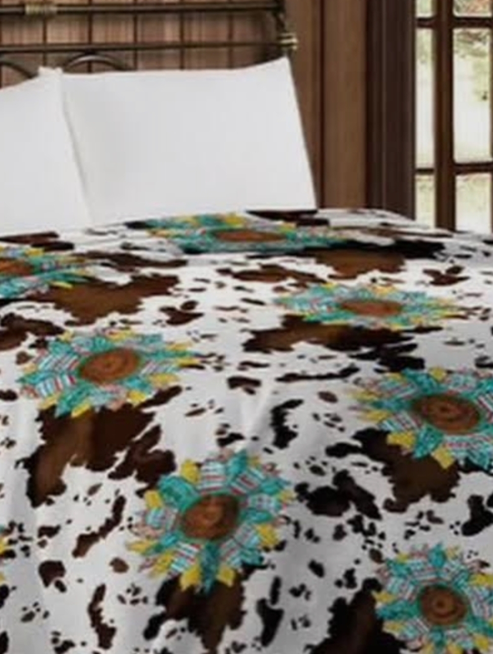 Sunflower Cowhide-Print Western Queen Size Soft Fleece Blanket